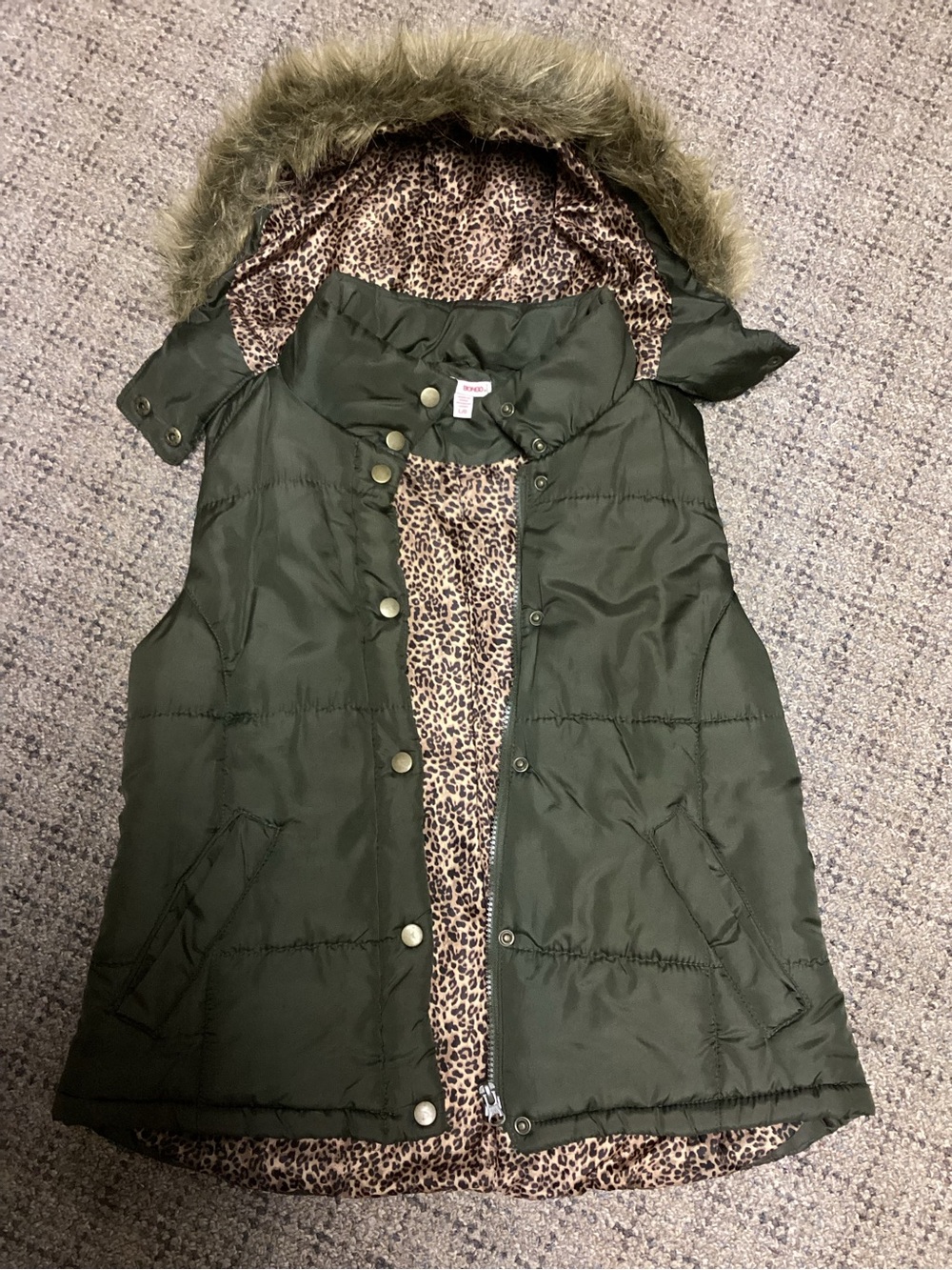 Bongo Olive Green Puffer Vest with Leopard Print & Faux Fur Hood * Size Girls L